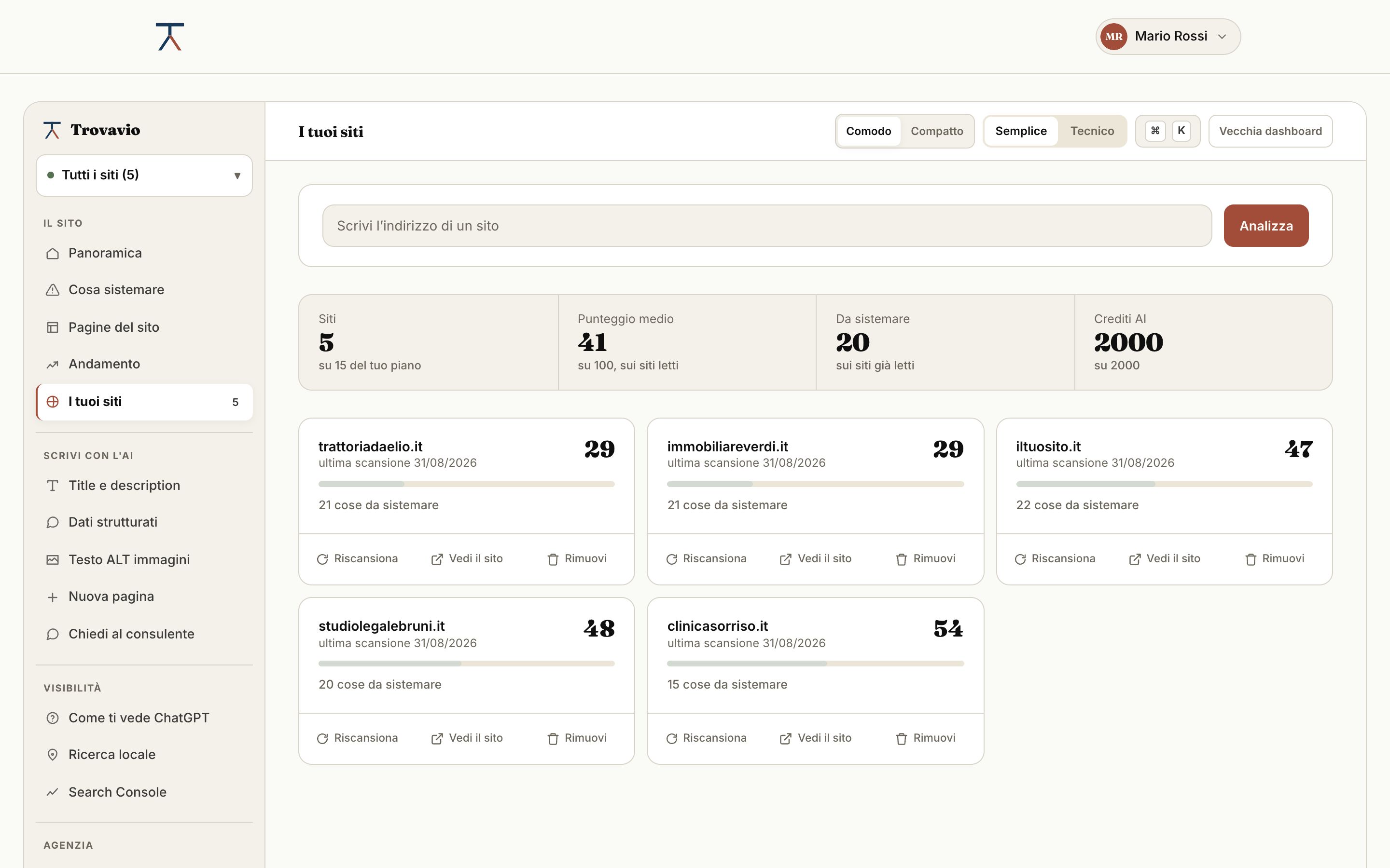 La schermata «I tuoi siti» di un account agenzia: quanti siti sono in uso sui quindici del piano, il punteggio medio, quante cose restano da sistemare e i crediti AI rimasti; sotto, una scheda per ogni cliente col suo punteggio, la data dell'ultima scansione e i comandi per riscansionare, aprire il sito o rimuoverlo.